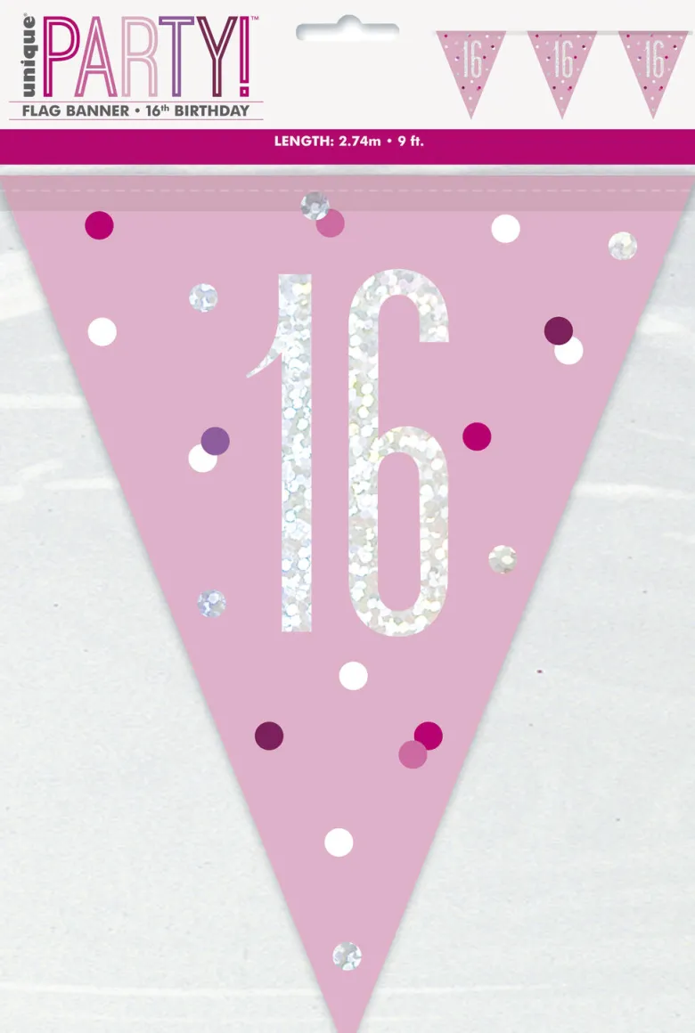 Flaggbanner - 16 År - Rosa & Sølv