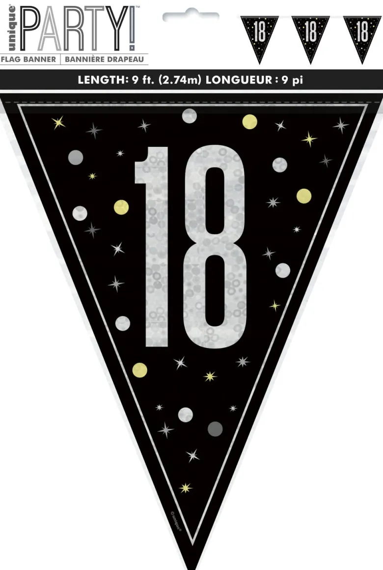 Flaggbanner - 18 År - Sort & Sølv