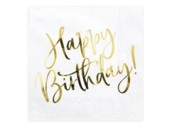 Hvite servietter - Happy Birthday i gull